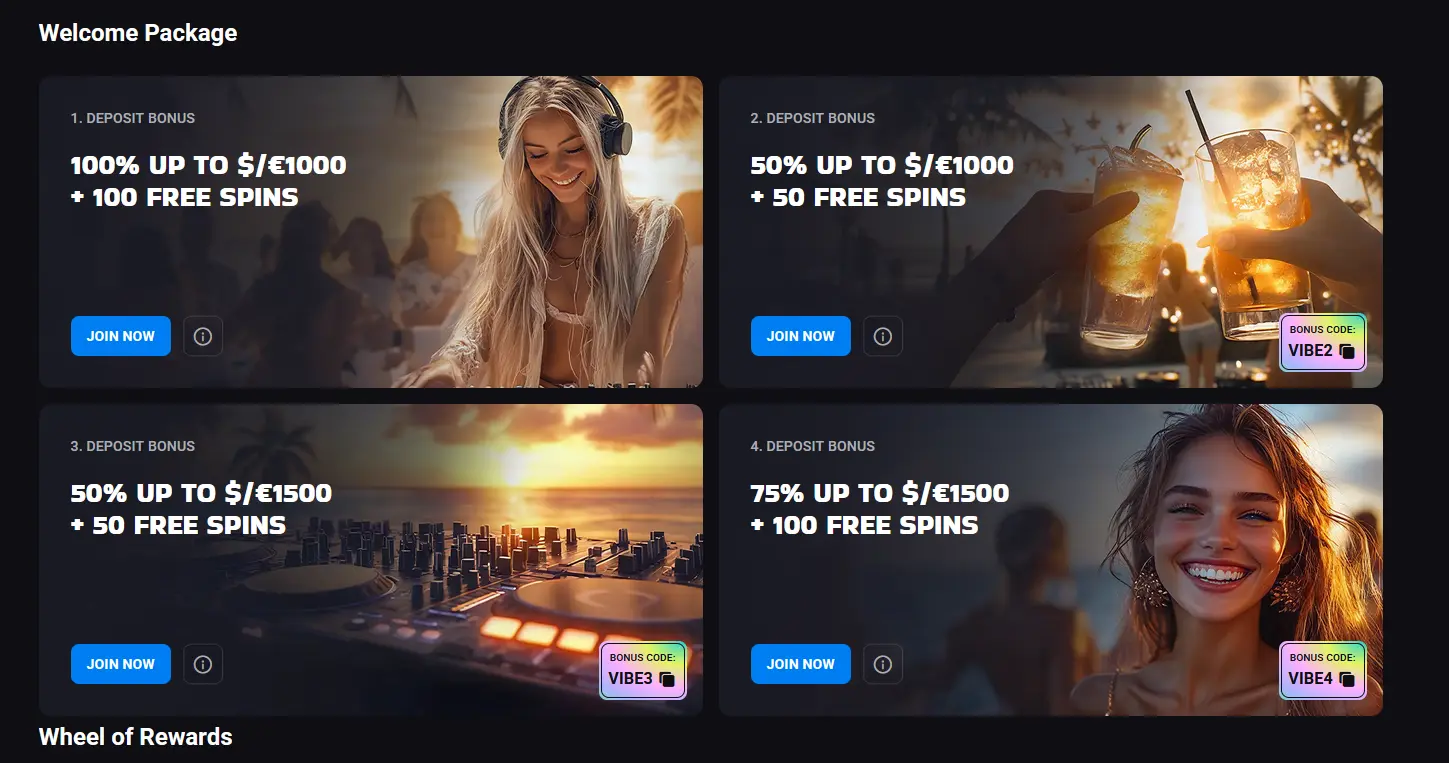Luckyvibe bonuses page showing the four-stage welcome package and stage codes