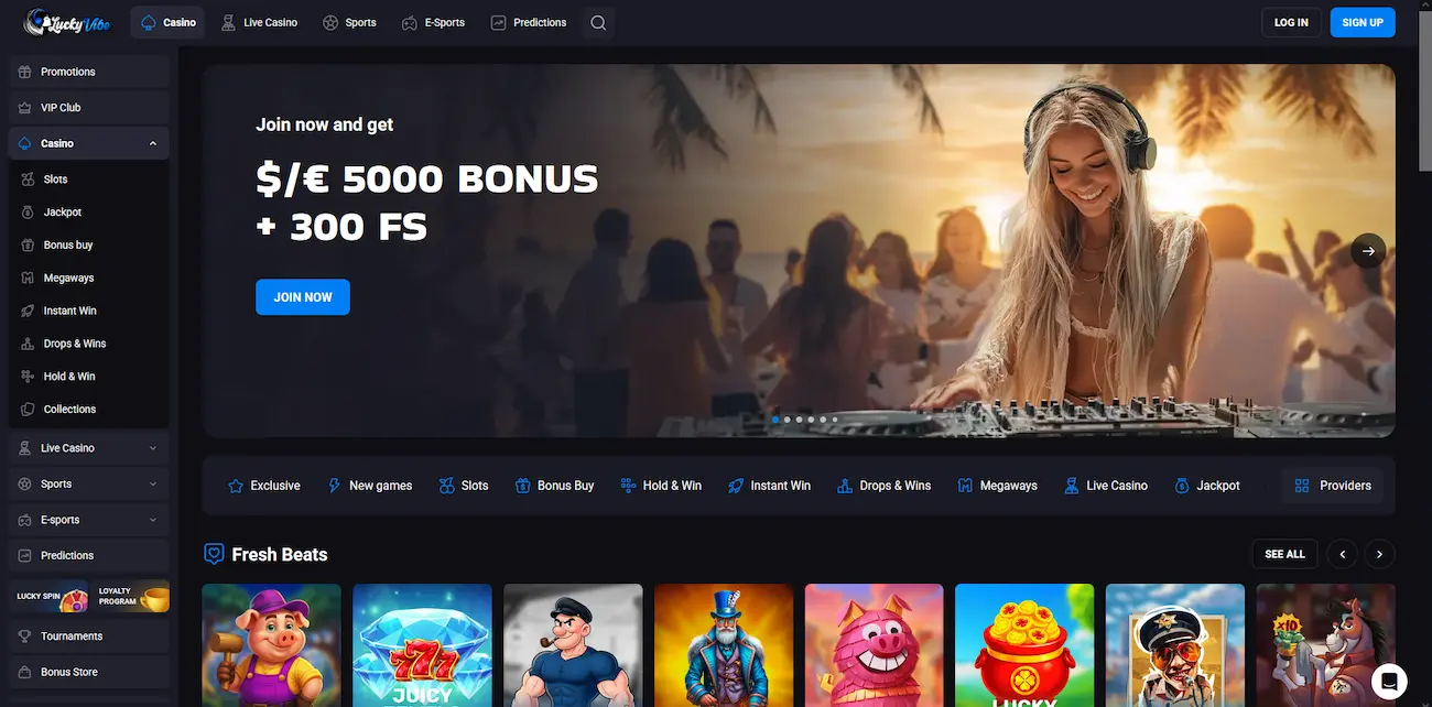 Luckyvibe Casino homepage showing the pokies and live dealer lobby for Australian players