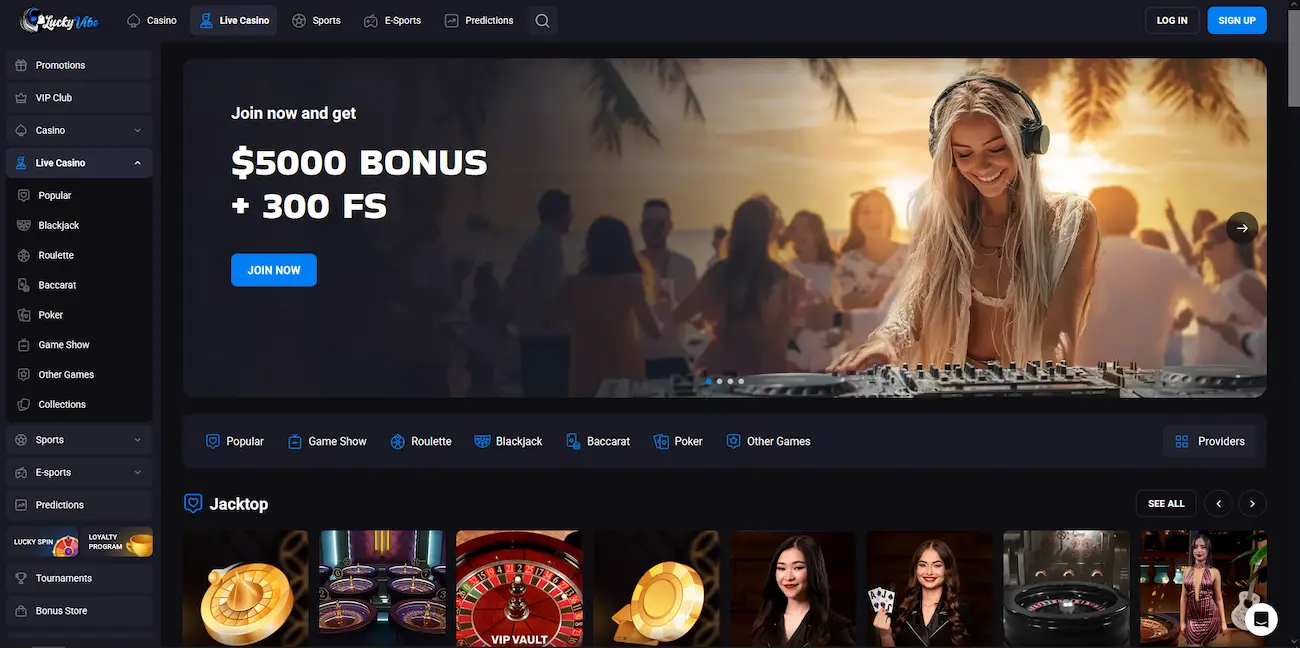 Luckyvibe live casino lobby with real-time dealer streams and table limits