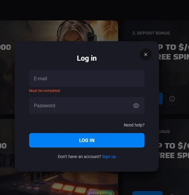 Luckyvibe login screen with email and password fields