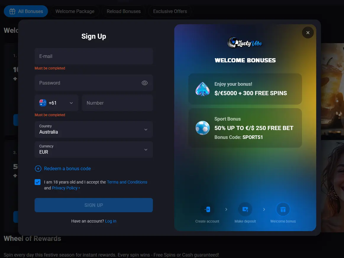 Luckyvibe account registration form for new Australian players