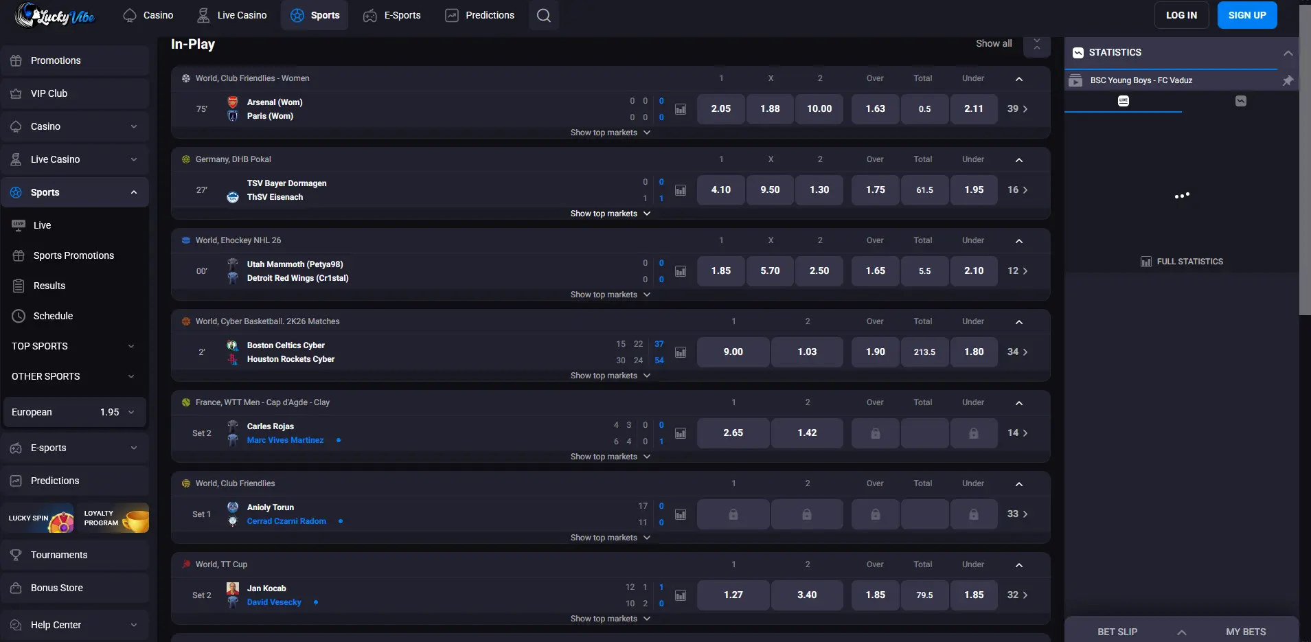 Luckyvibe sports betting screen with AFL and NRL markets